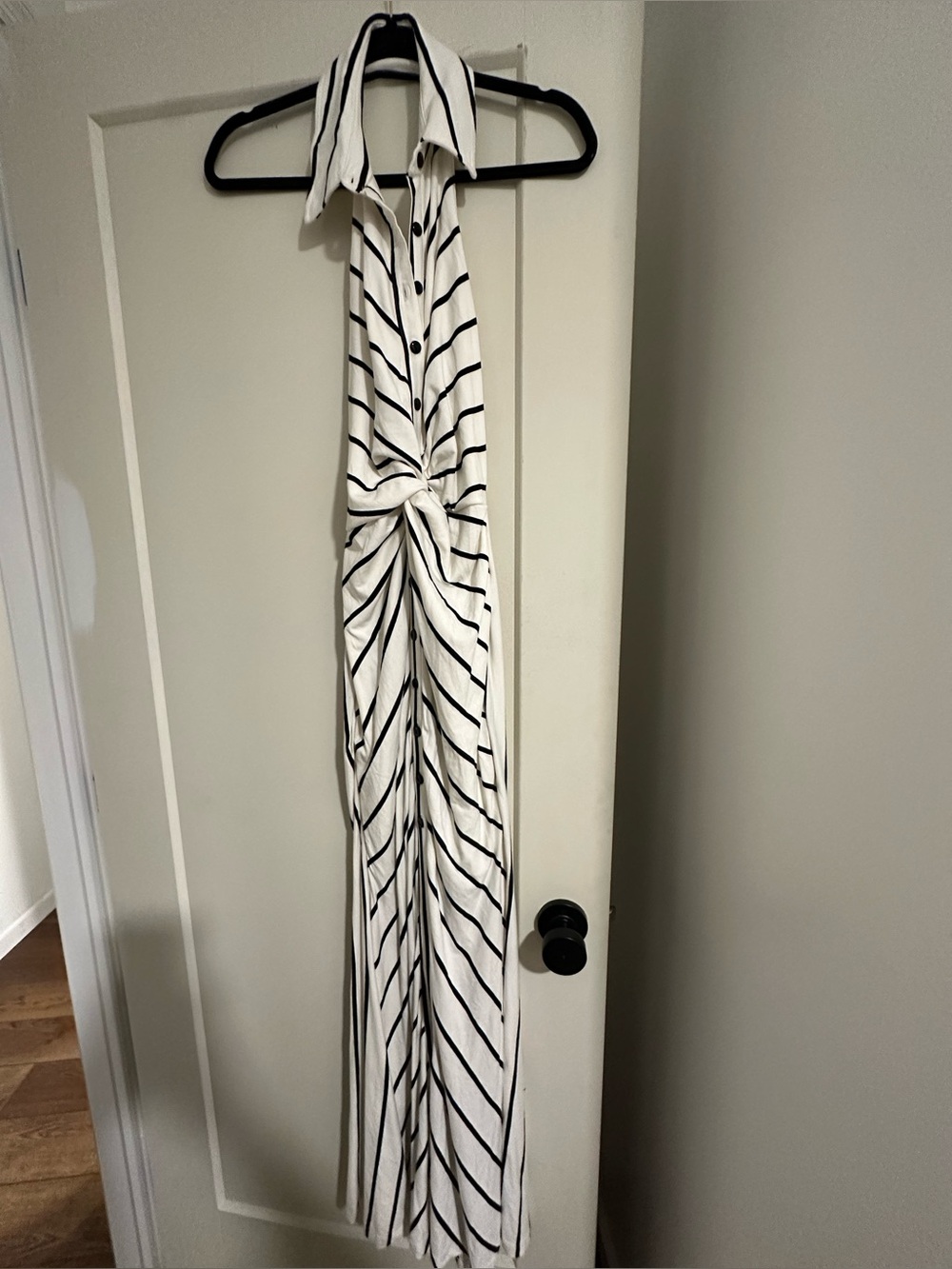 VENUS Black and White Striped Halter Tie-Front Maxi Dress